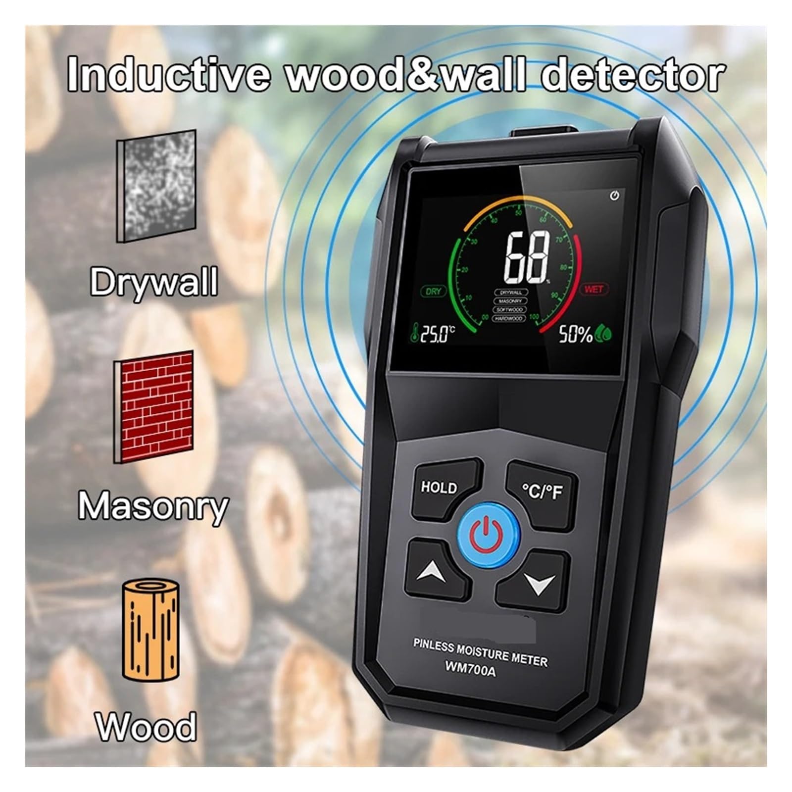 Tester di umidità, Rilevatore di umidità del legno induttivo senza perni Misuratore di umidità del materiale del legno for pareti ad angolo completo for cartonsso Umidità della muratura Umidità