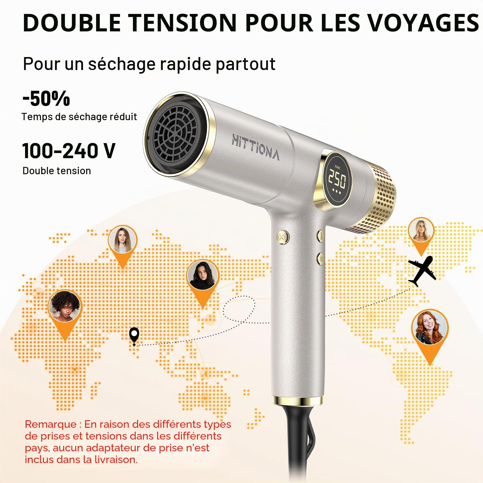 HITTIONA Seche Cheveux Voyage Ionique Professionnel avec Diffuseur avec Double Tension, Séchage Rapide, Faible Bruit Contrôle Thermique Intelligent pour Famille Voyage