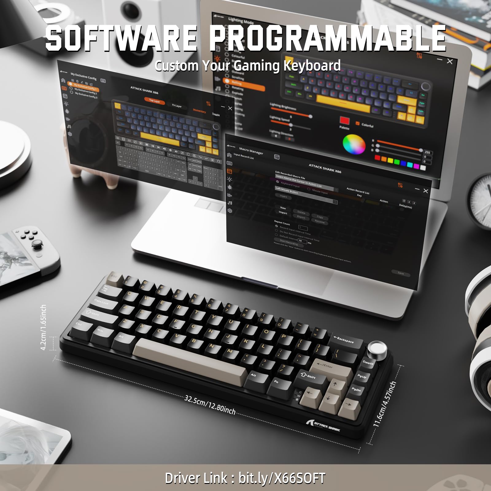 MAMBASNAKE X Attack Shark X66 Teclado Mecánico Inalámbrico Al 65% con Perilla, Teclado para Juegos RGB con Intercambiables En Caliente 60%, BT/2,4 G/USB-C, Interruptor Lineal, Tecla PBT-Starry Black