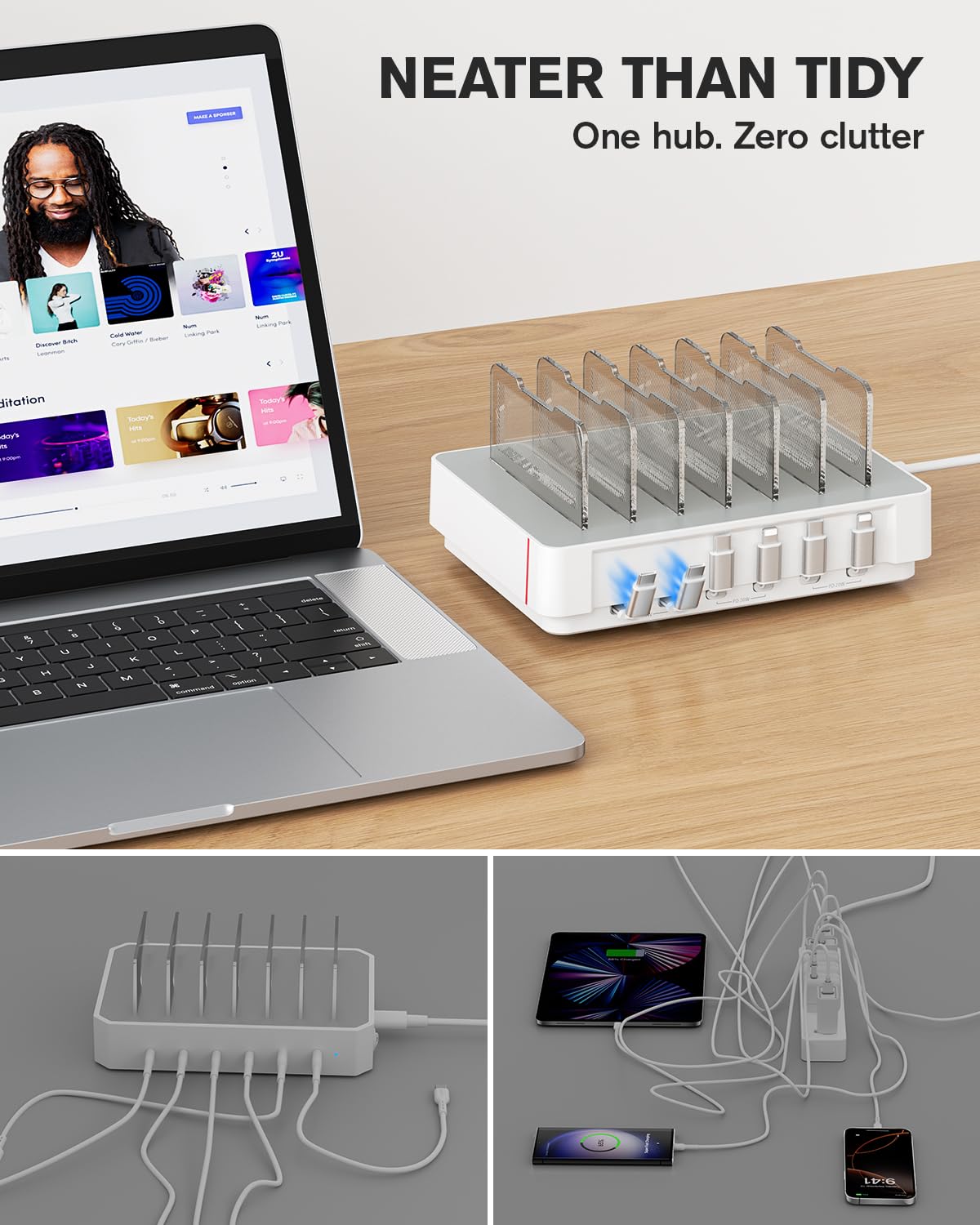 SooPii HomeHub H1, stazione di ricarica da 60 W per più dispositivi con 4 cavi magnetici retrattili da C a C e 2 da C a iP, organizer per caricabatterie per iPhone 17/16, tablet, Samsung, AirPods e