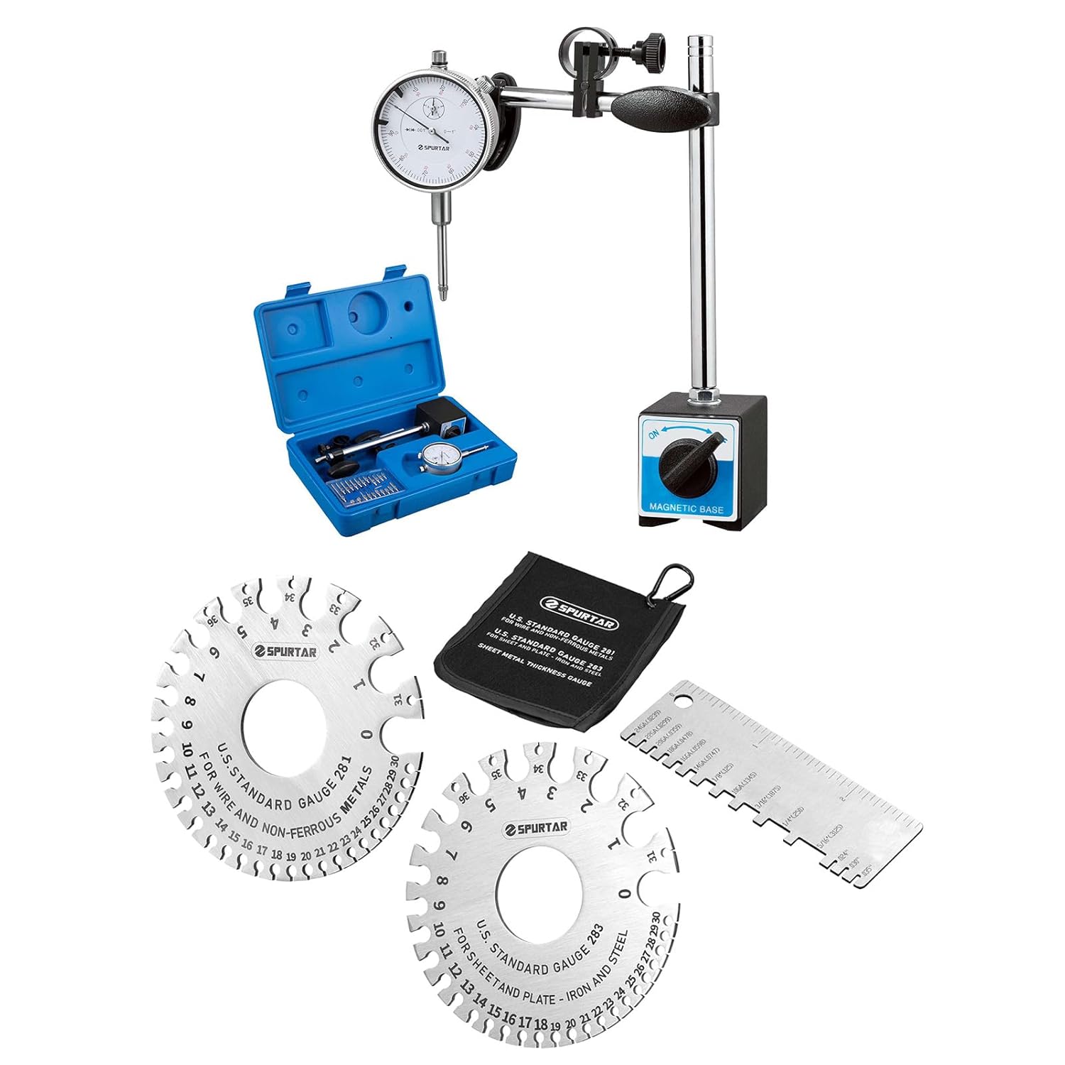 Spurtar Dial Indicator with Magnetic Base + 3pcs Wire Gauge Measuring Tool