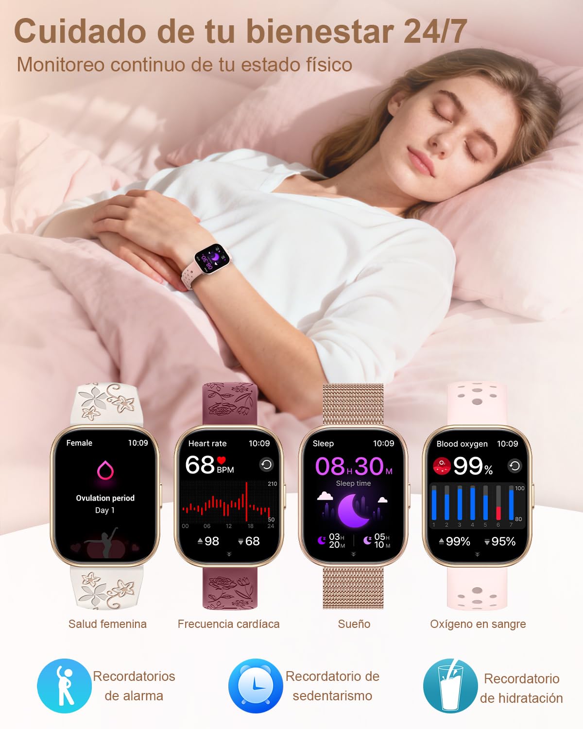 Reloj Inteligente Mujer Pequeño con 4 Correas 1.75" Smartwatch Mujer con Llamadas Pulsera Actividad Frecuencia Cardíaca Sueño SpO2 Función Femenina 120+ Modos Deportivos Regalo iOS Android, Rosa Oro