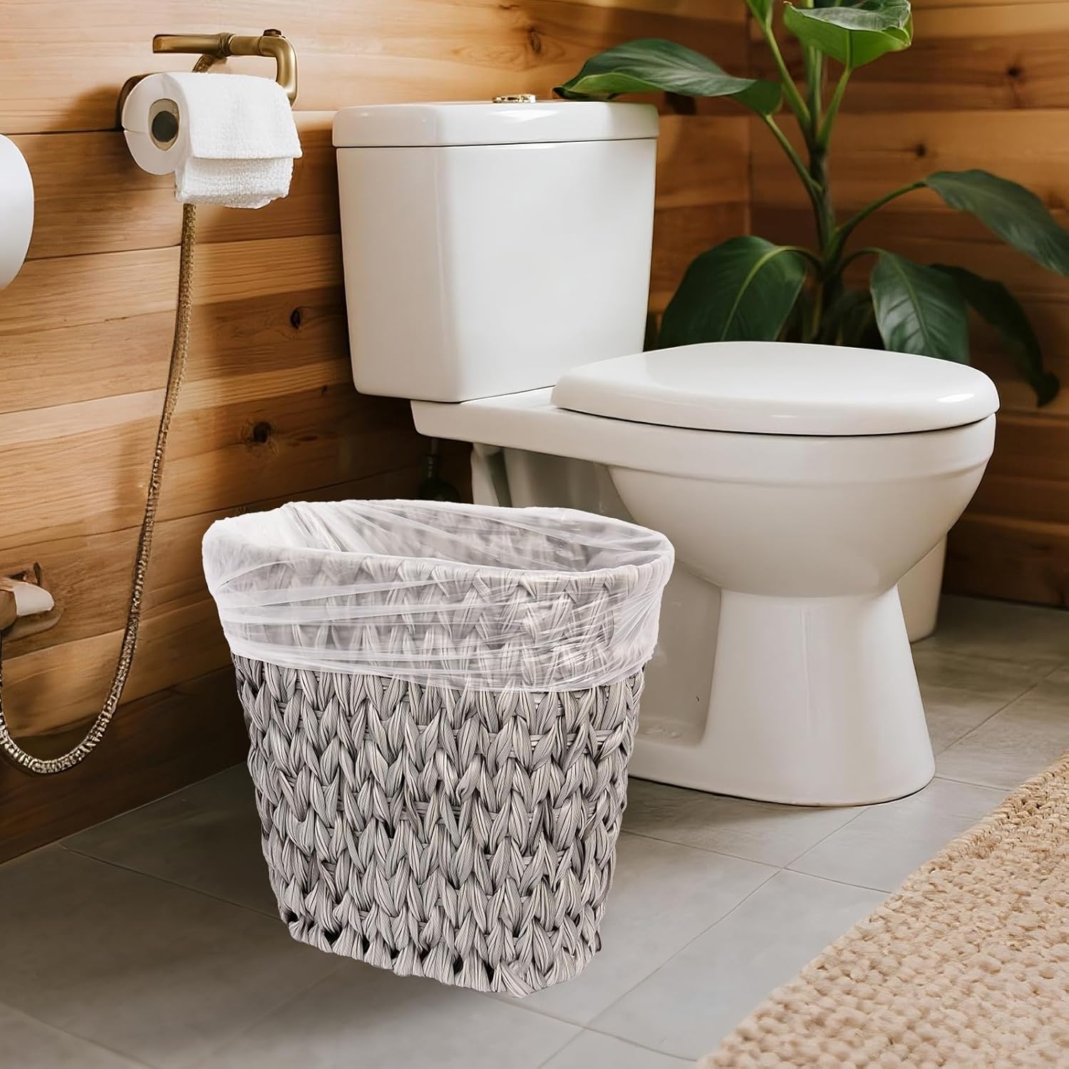 Wicker Trash Can,Waterproof Bathroom Waste Basket,Plastic Wicker Woven Waste Basket with Built-in Handles, 19 Liters/5 Gallons,Decorative Boho Rubbish Bin for Bedroom, Office, Kitchen, Laundry (gray)