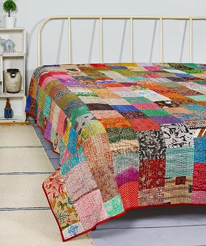 PJ DECOR Multi Color Silk Sari Patchwork Kantha Work Blanket for Sale Boho Vintage Bedspreads Throw Blanket Bohemian Bedding Handmade Quilt 108x90 inch Queen Size