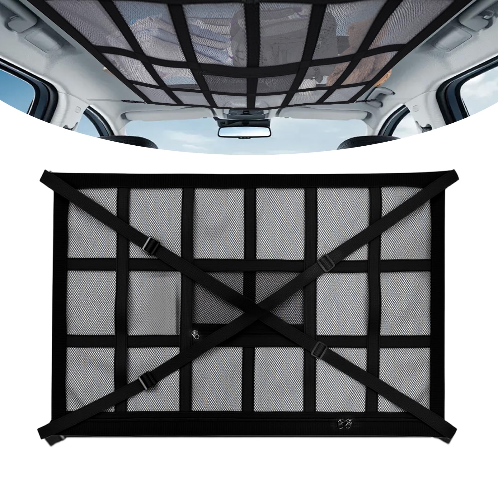 Red Techo Coche, Red Techo Furgoneta Camper, 90x65cm Redes de Almacenaje para Coche, Camper Furgoneta Accesorios con 2 Correas Cruzadas Ajustables y Cremallera, para SUV, Jeeps, Caravanas