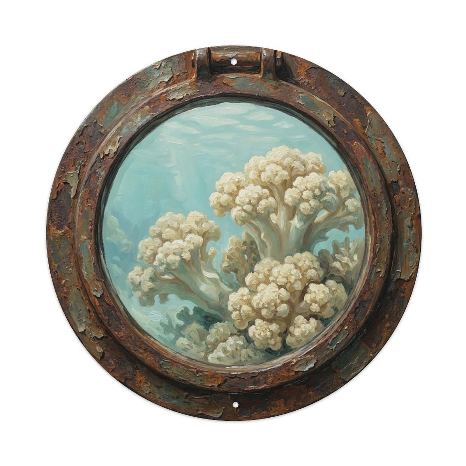 Vintage Porthole Cauliflower Coral Ship Window Under Deep Metal Tin Sign