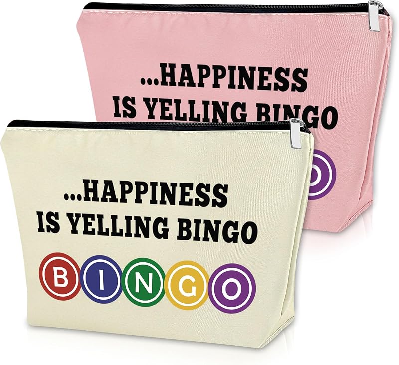 Sazuwu Bolsas de maquiagem com estampa de bingo, rosa e bege, Pacote com 2