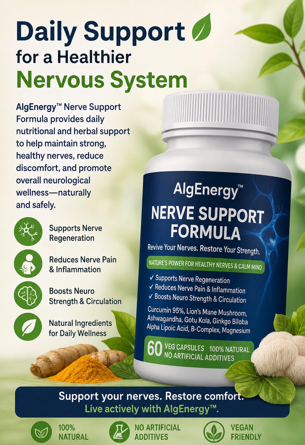 AlgEnergy™ Nerve Support Formula, 60 Veg Capsules, Natural Nerve Health Supplement with Curcumin, Lion's Mane, Ashwagandha, B-Complex, Magnesium for Nerve Regeneration and Pain Relief — Amazon image 3