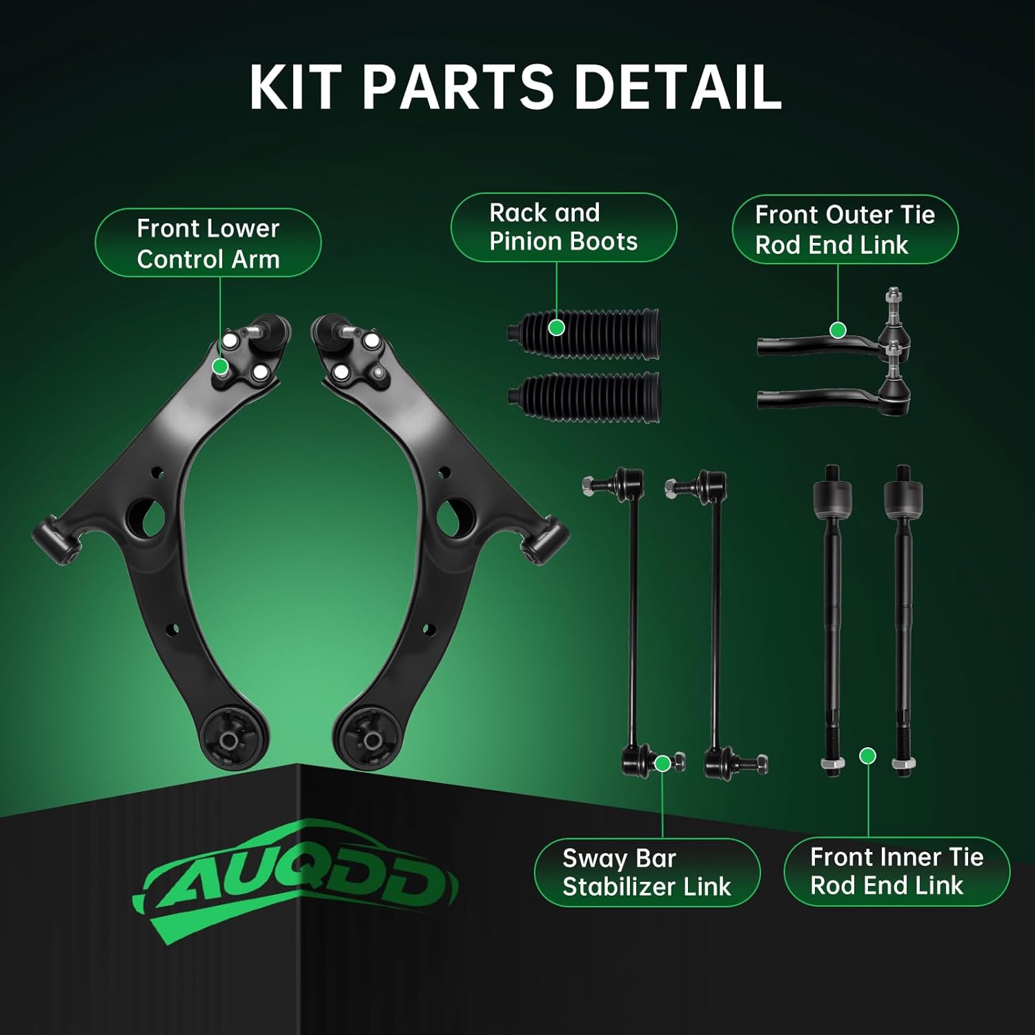 AUQDD 10Pc Front End Suspension Kit Fit For 2004-2009 To-yota Prius, 2 Lower Control Arm w/Ball Joint 2 Sway Bar Link 4 Outer Inner Tie Rod End (# CMS861128 K640960 K80230 EV80304 ES80302 ES80303)