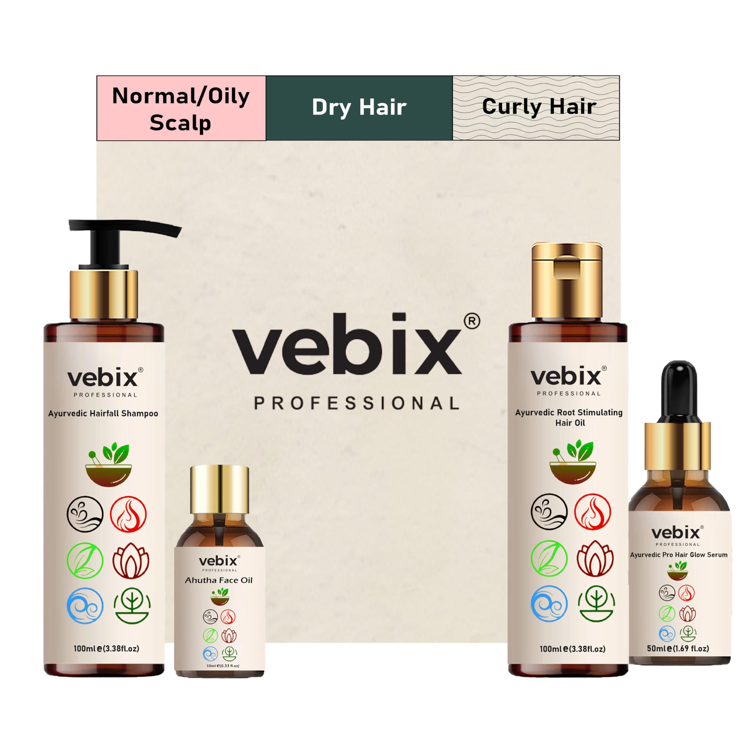 VebixProfessional Customized Regimen -4 Ayurvedic ProductKit- HairFallControl -AntiHairFall Neem Oil & Lotus Shampoo + Hair Growth Serum & Luxury Face Glowing Serum -8.79 Fl.oz (Dry Hair)