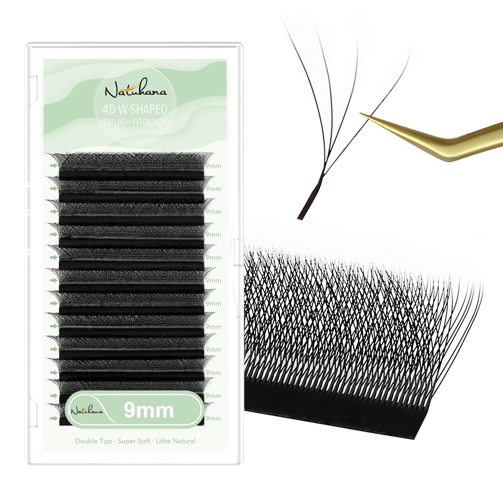 NATUHANA W Shaped Clover Eyelash Extension 4D Premade Fans 0.07mm D Curl 9mm Single Size Tray Volume Lash Cluster W Lash Extensions (9mm, 4D black;0.07 D)
