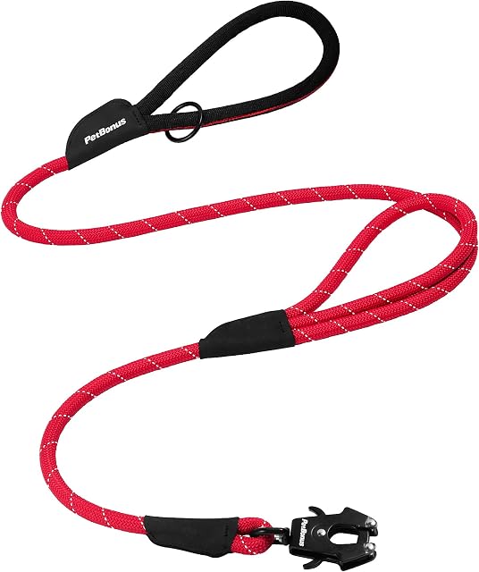 PetBonus Deux poignées de chien laisse, 5FT Poignée de circulation confortable et durable, plomb d'entraînement réfléchissant pour chiens de taille moyenne (rouge)