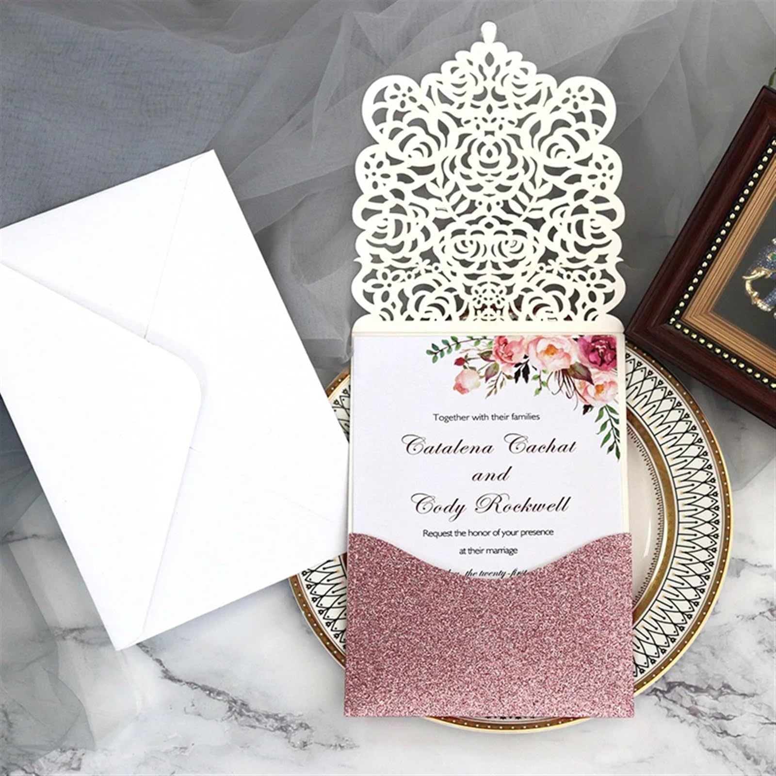 Hochzeitseinladungskarten 25/50 Stück glitzerndes Papier, Hochzeitseinladungskarte, Spitze, Diamant-Tasche, Grußkarte, Druck, Geburtstag, Mariage, Party-Dekoration(Purple cover insert,50pcs)