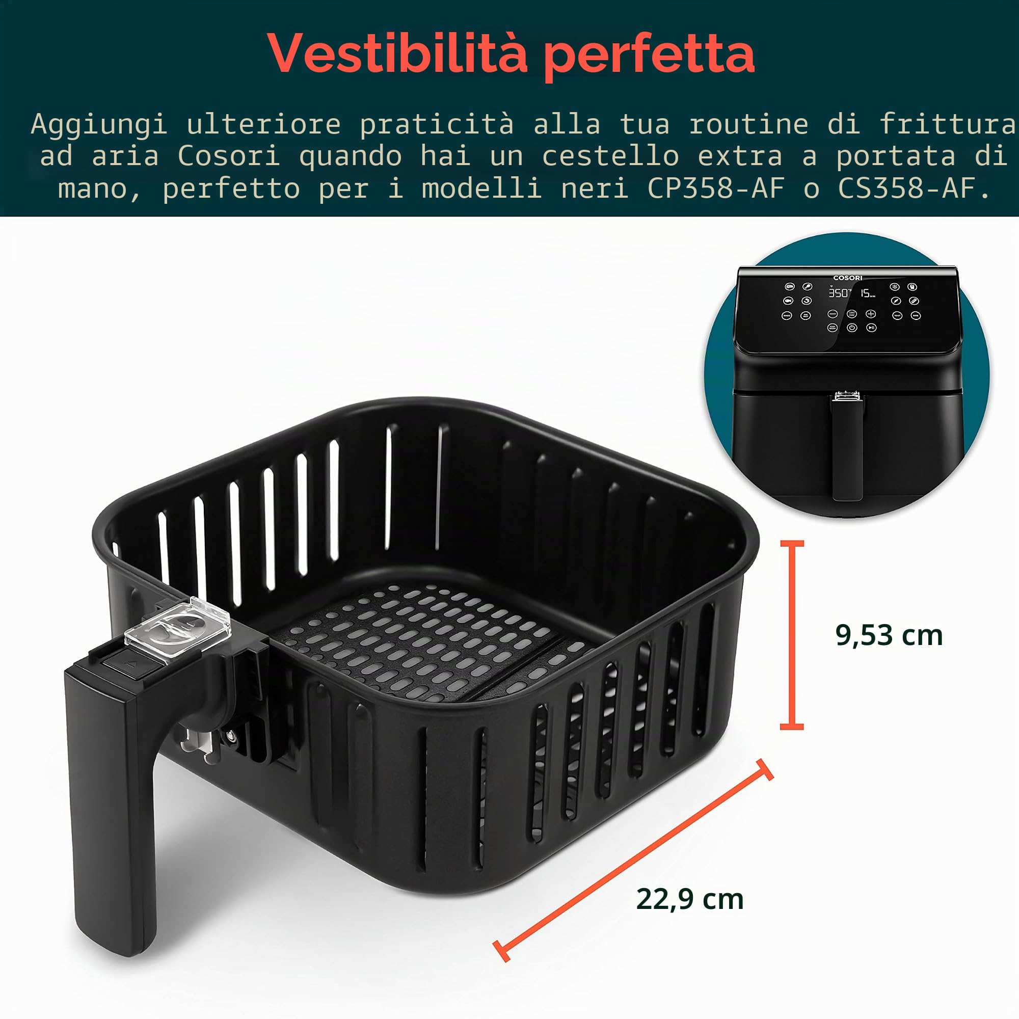 COSORI Cestello di ricambio per friggitrice ad aria, 5,8 l, per friggitrici ad aria CP358 e CS358, cestello antiaderente, lavabile in lavastoviglie, nero