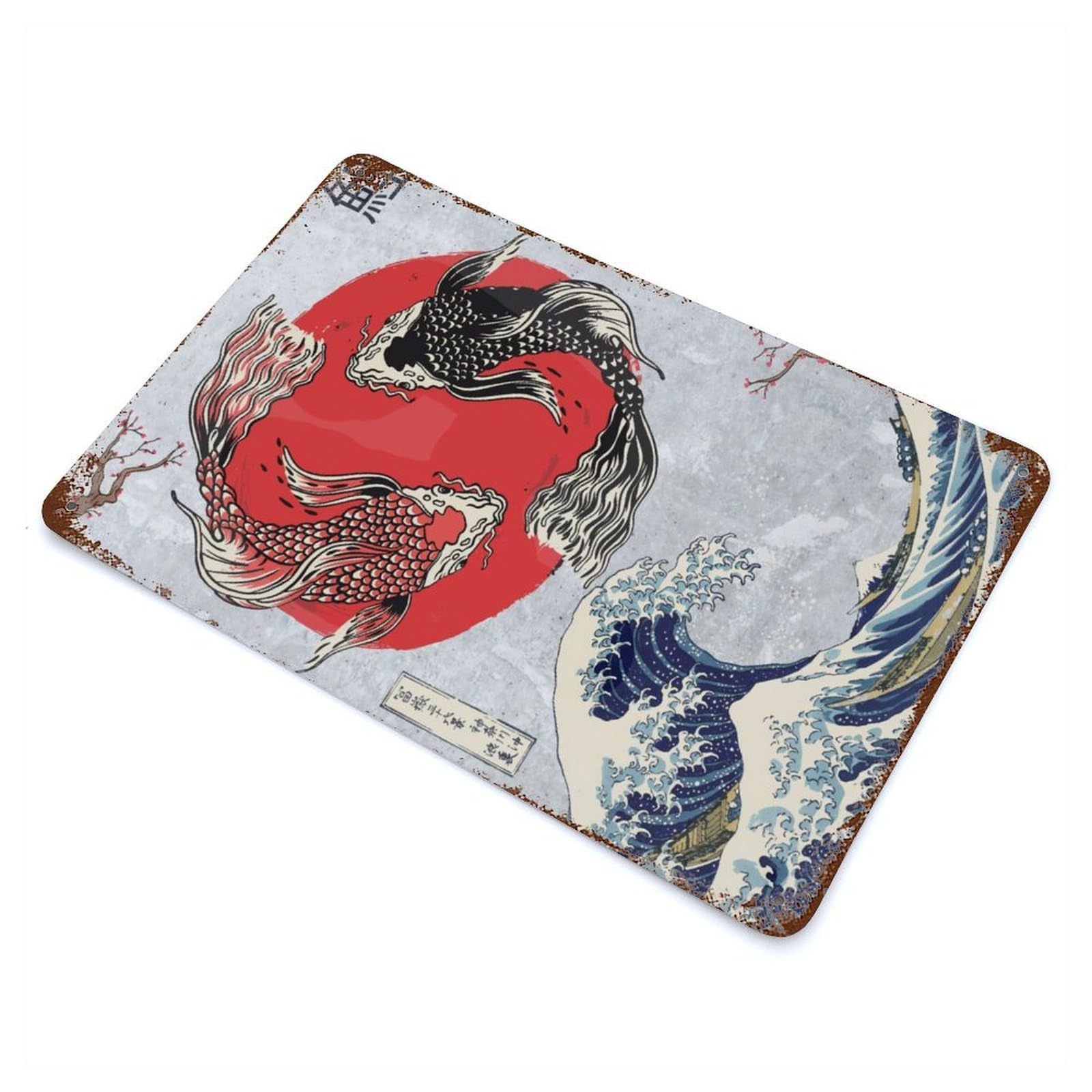 Garage Style Koi Fish Ying Yang Vintage Rust Metal Sign 11.8"x7.9", Rustic Home Decor for Bar And Workshop