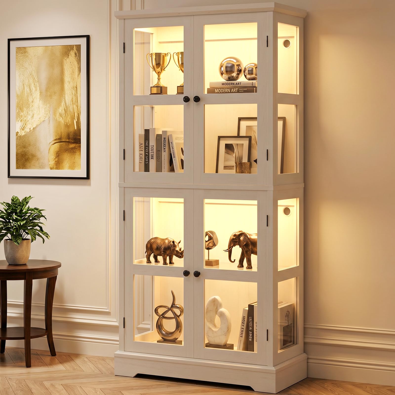 Tall Glass Display Cabinet with RGB Lighting, Farmhouse Bookcase with Tempered Glass Doors, 360° Display Cabinet Curio Cabinet for Living Room, Books, Décor and Collectibles