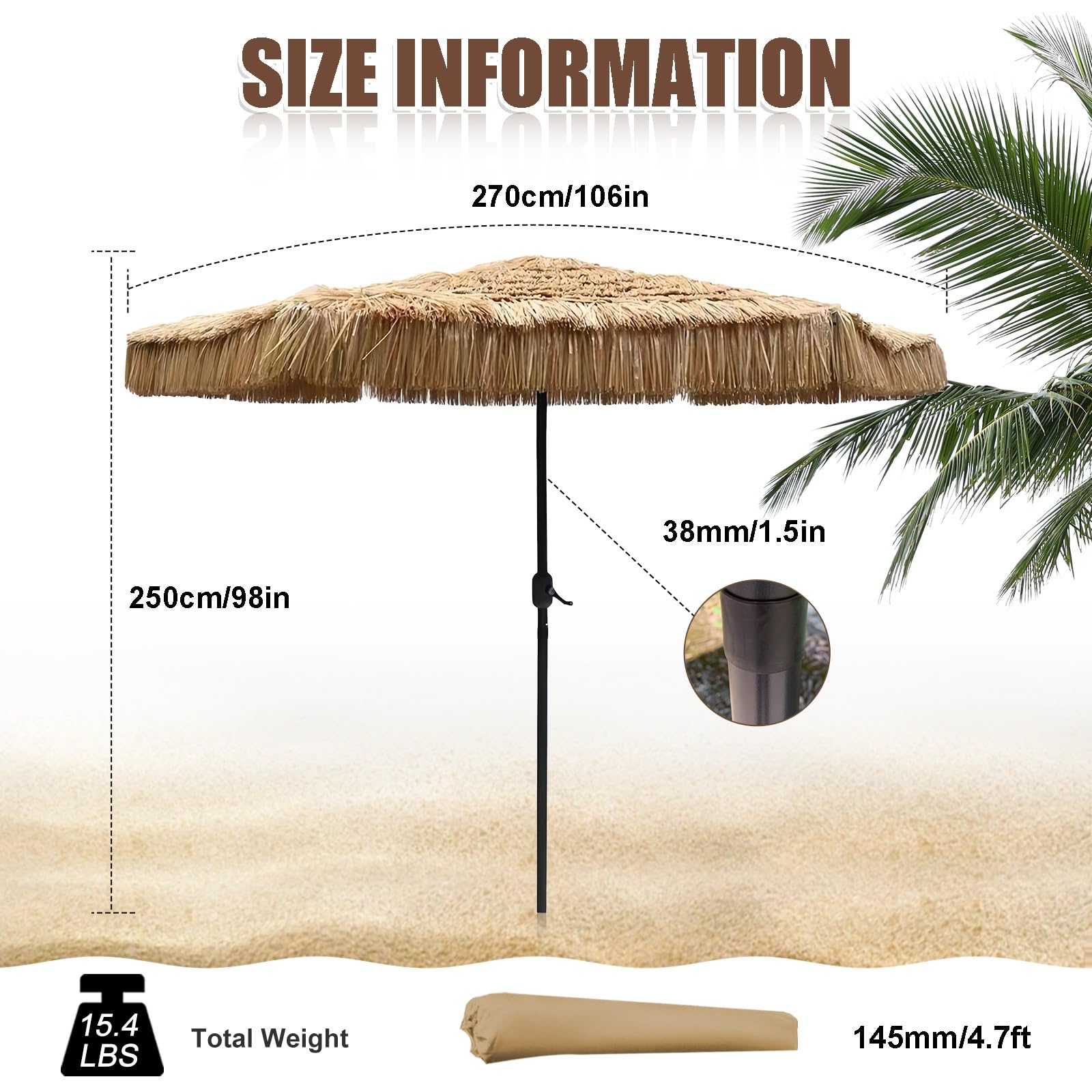 Parasol Ogrodowy W Stylu Hawajskim 270cm, Odporny Na Wiatr Plażowy Z Ochroną UV50+, Słomiany Parasol Ogrodowy, Nie Wymaga Podstawy, Idealny Na Taras I Basen