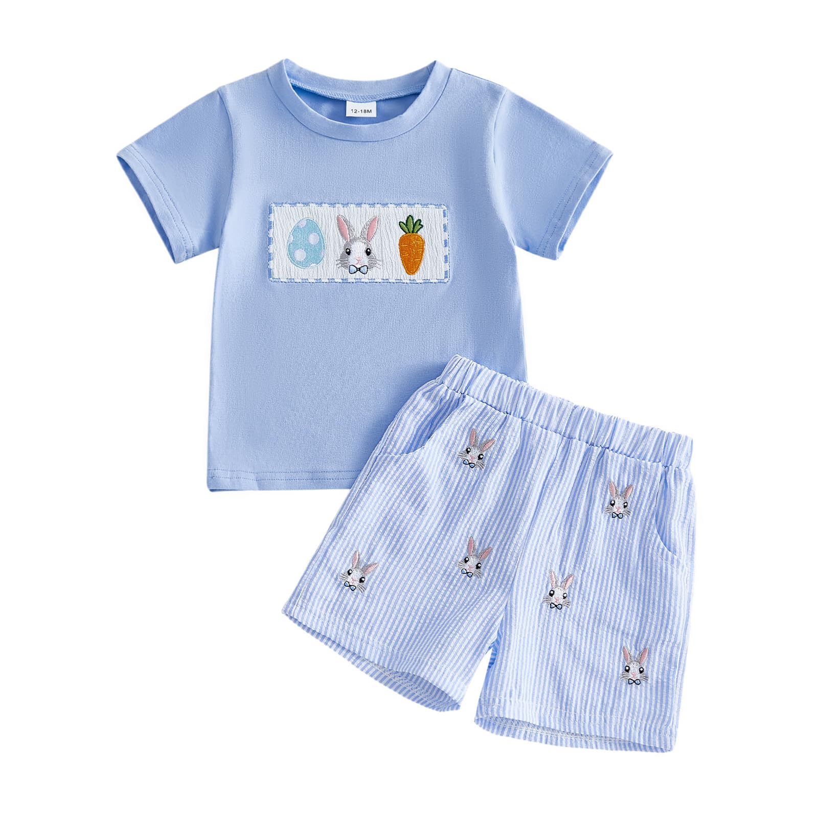 Toddler Baby Boy Easter Rabbit Outfit Short Sleeve Bunny Carrot Smocked T-shirt Elastic Waist Shorts Summer Clothes