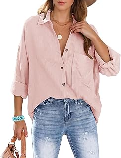 Blusa de Mujer Informal con Cuello en V, Camiseta Manga Larga con Botones, Casual Corte Suelto 100% Algodón Camisa, Elegante Color Liso, con Bolsillo