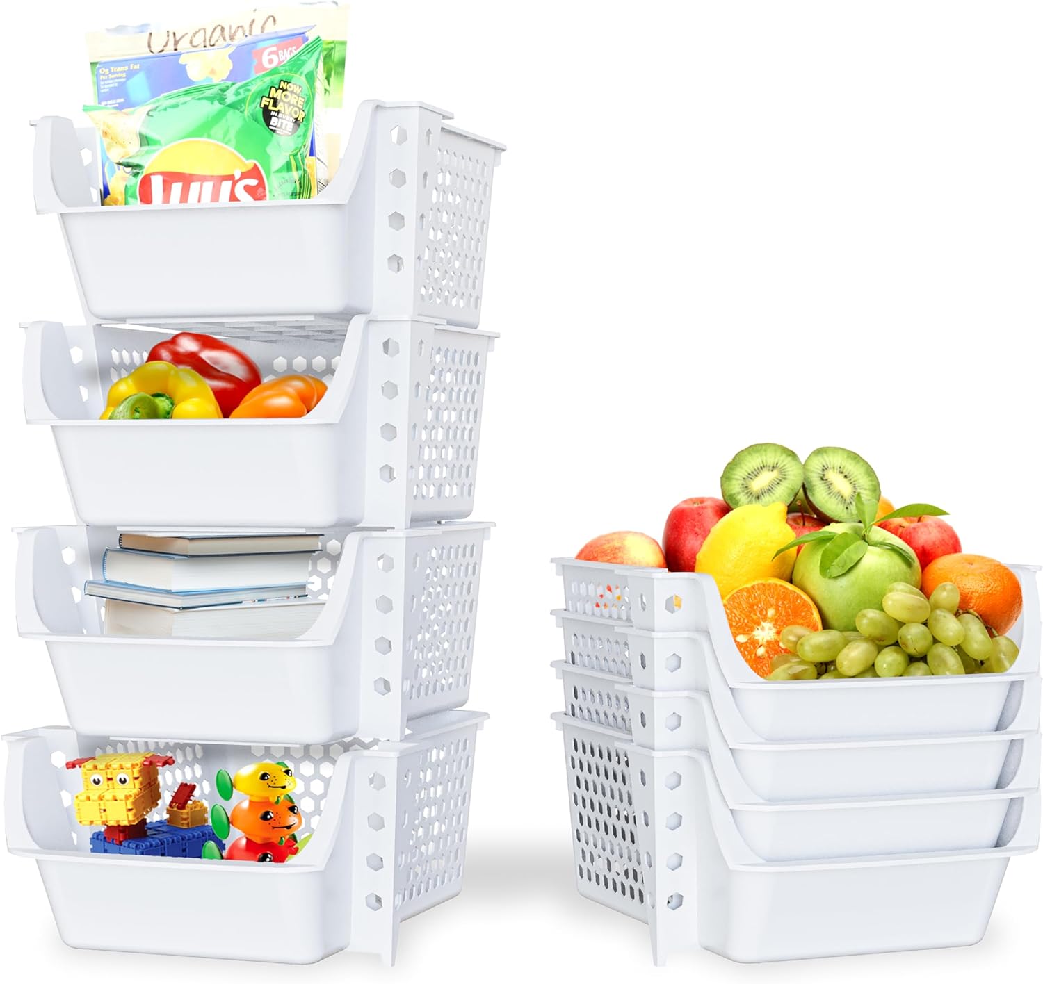 Skywin TidyFriend Stackable Storage Bins for Pantry, 4 Pack Stackable Bins For Organizing Food, Kitchen, and Bathroom Essentials (White)
