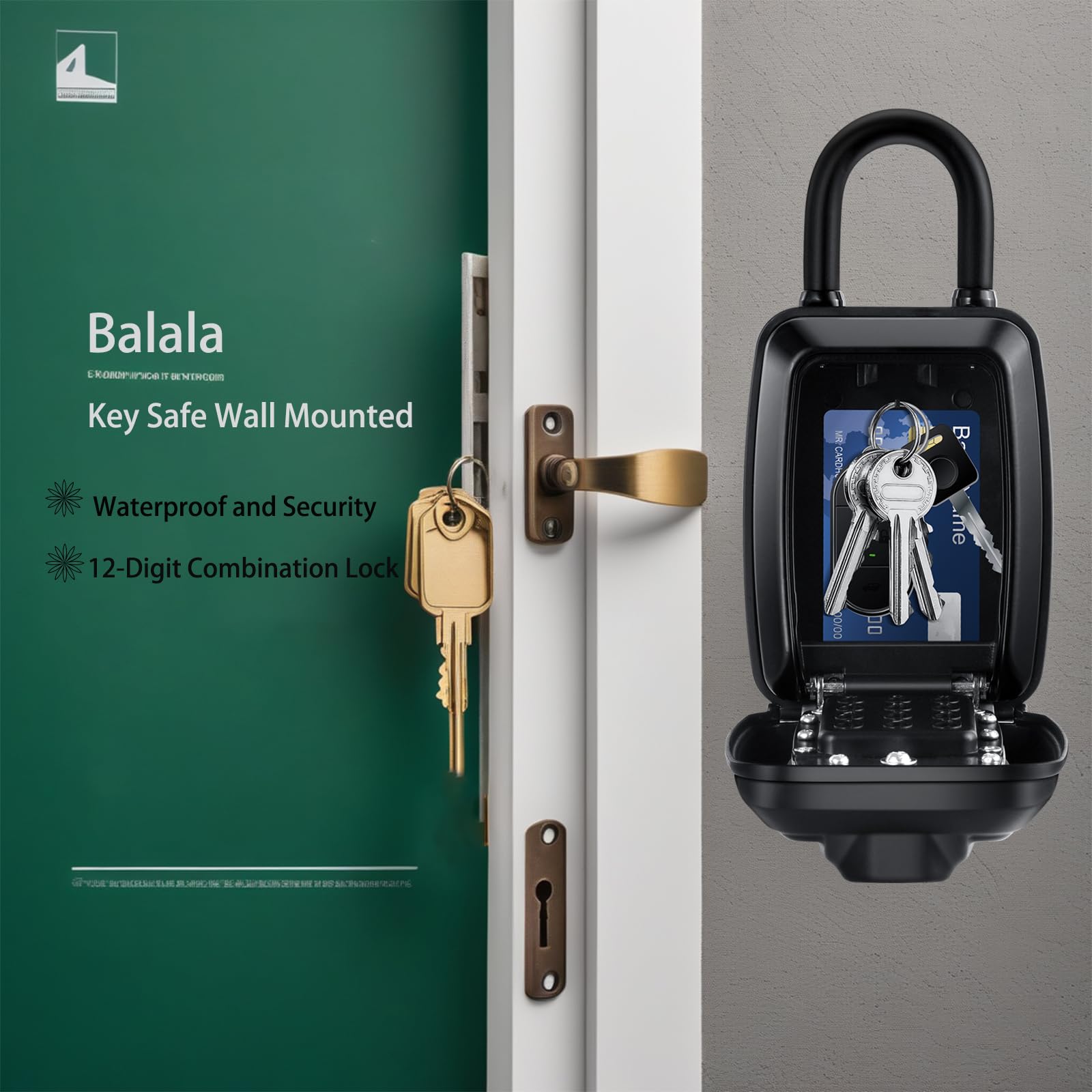 balala Grande Cassetta di Sicurezza per Chiavi, Portachiavi con 12 Cifre, Combinazione Chiavi impermeabile, Esterno Cassaforte, Key Lock Box a parete con Gancio per Casa,Garage,Airbnb,Grigio, scuola