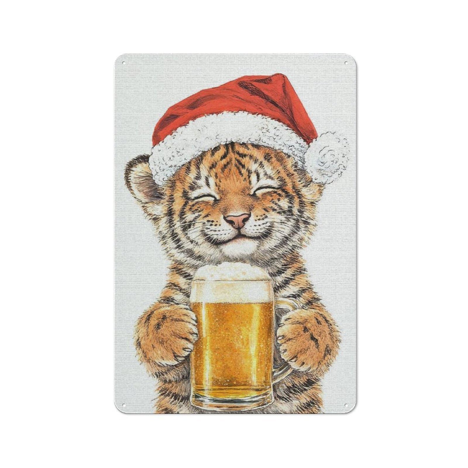 Junmoney Style-5 Industrial Metal Sign With Cute Tiger Cub In Santa Hat With Beer Design 30X20cm, Modern Retro Loft Wall Plaque For Workspace, Cafe, Hallway Or Garage