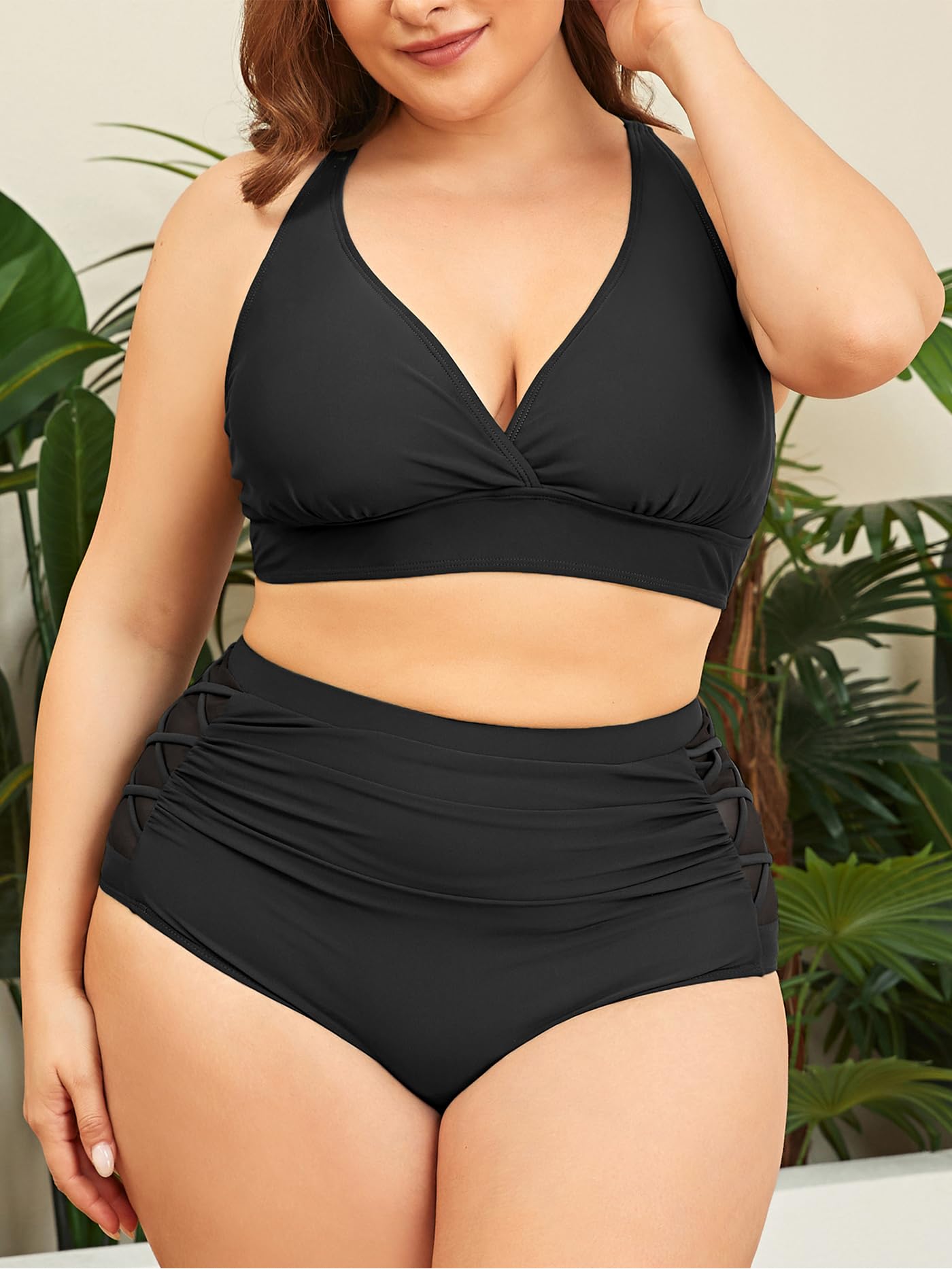 PONCEAU Bikini Damen Set Bauchweg High Waist - Push Up Bikini Oberteil für Große Brüste V-Ausschnitt Große Größen Plus Size Curvy Bademode