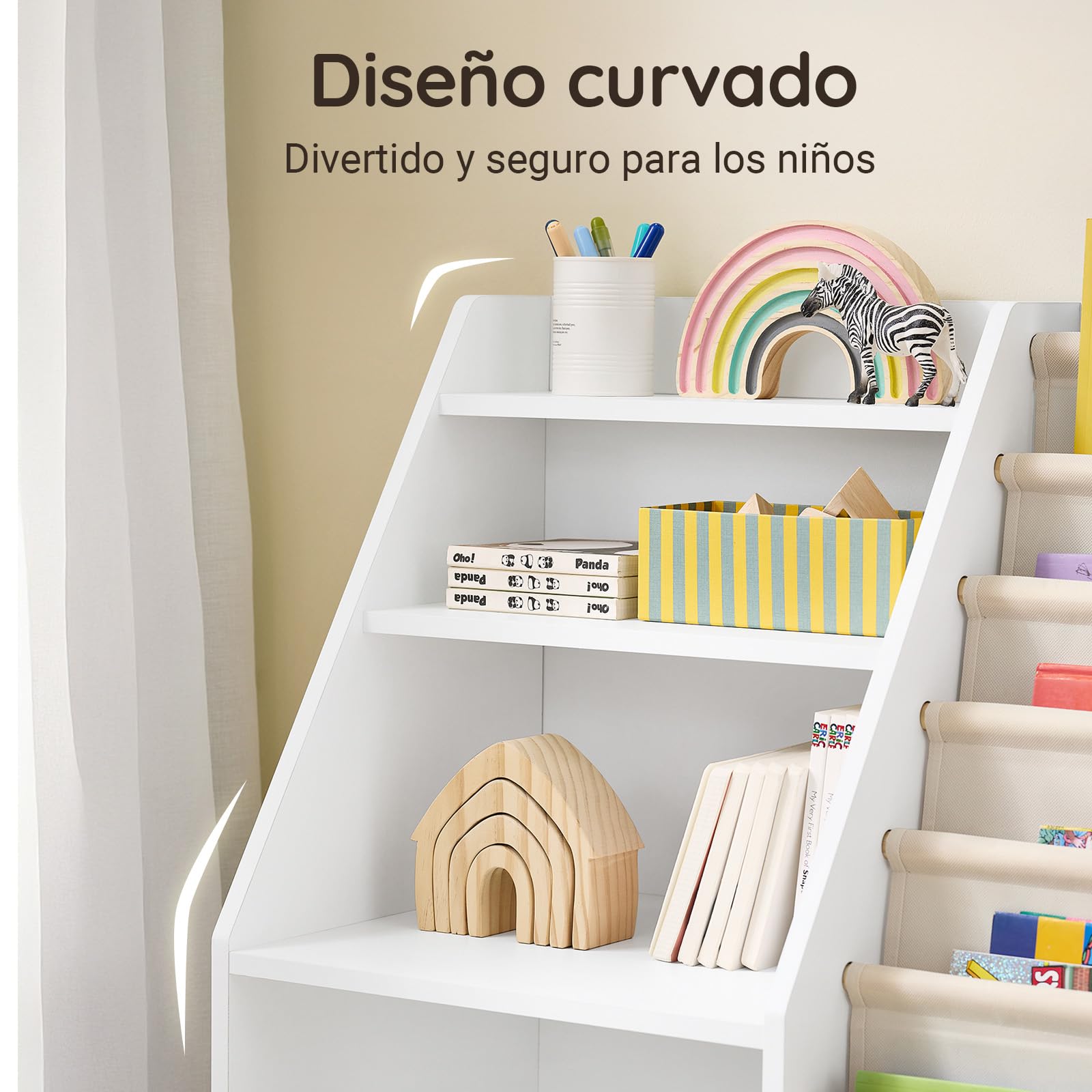 SoBuy Libreria Infantil Montessori con 6 Bolsillos Tela 80x40x80cm | Estanteria Libros Infantil con Almacenaje Juguetes, 3 Estantes y 1 Cajón de Tela, Mueble Infantil, Blanco, KMB119-W