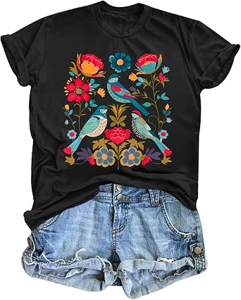 Vintage Flower Shirt for Women Boho Floral Wildflower Cute Graphic Tees Bird Cottagecore Print T Shirts Casual Tops