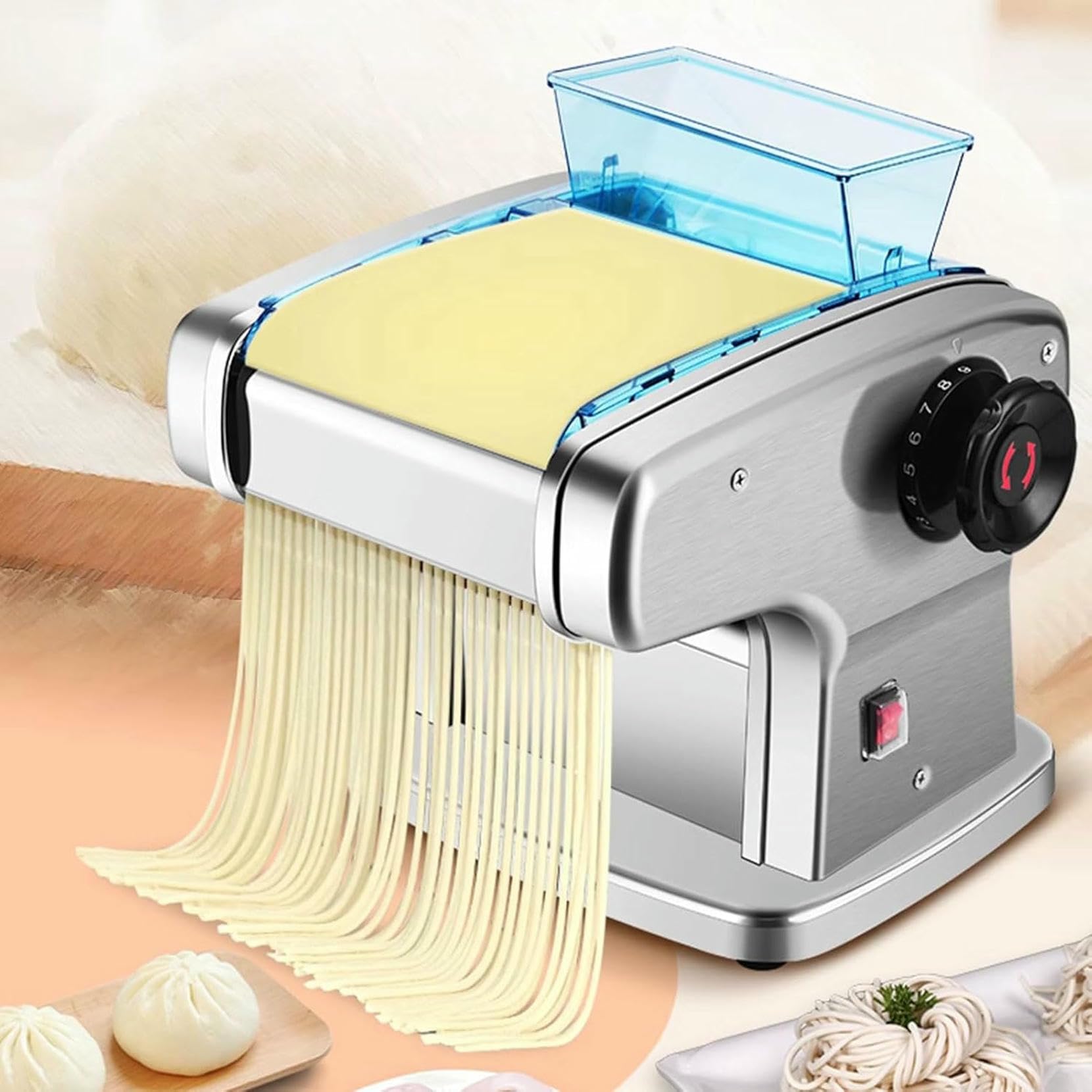 Stainless Steel Pasta Machine Noodles Maker, Portable Commercial Electric Pasta Maker with 9 Thickness Settings and 4 Blades, Automatic Noodle Maker for Spaghetti Fettuccini