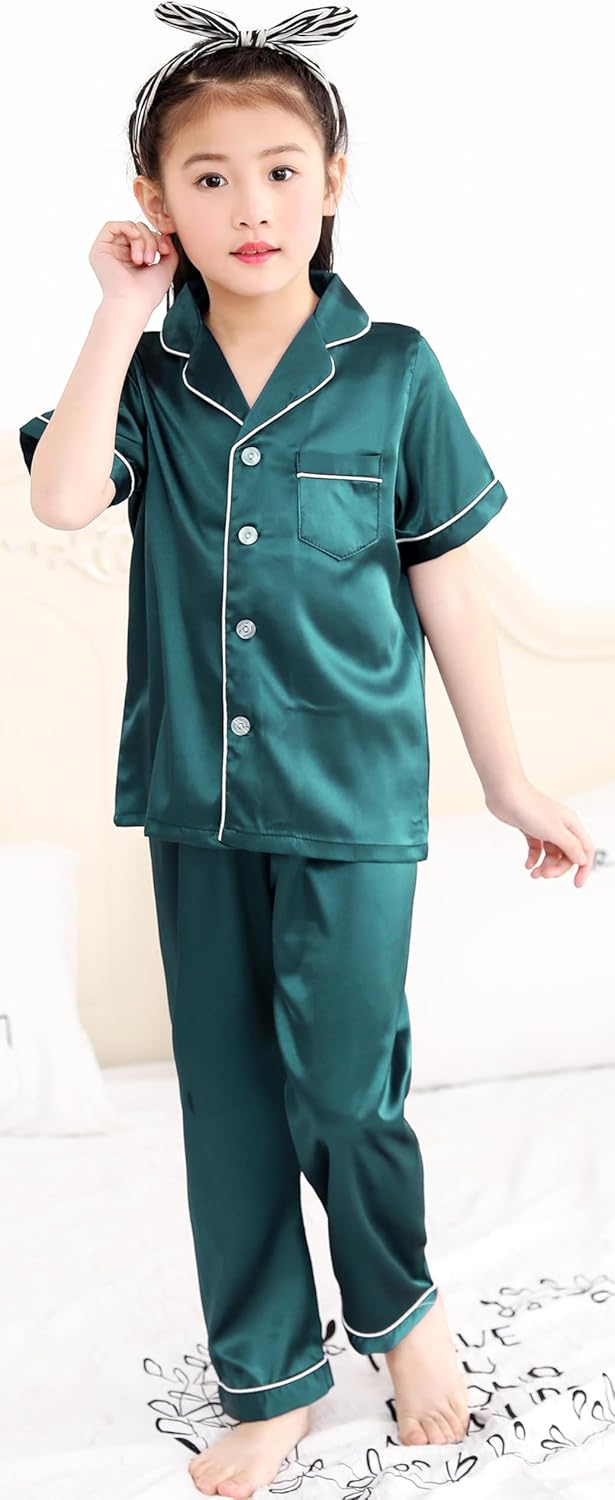 Girls Boys Silky Satin Pajamas Set 3 Pcs for Kid Children Silk pjs Set Sleepwear Button-up Nightwear - Image 2