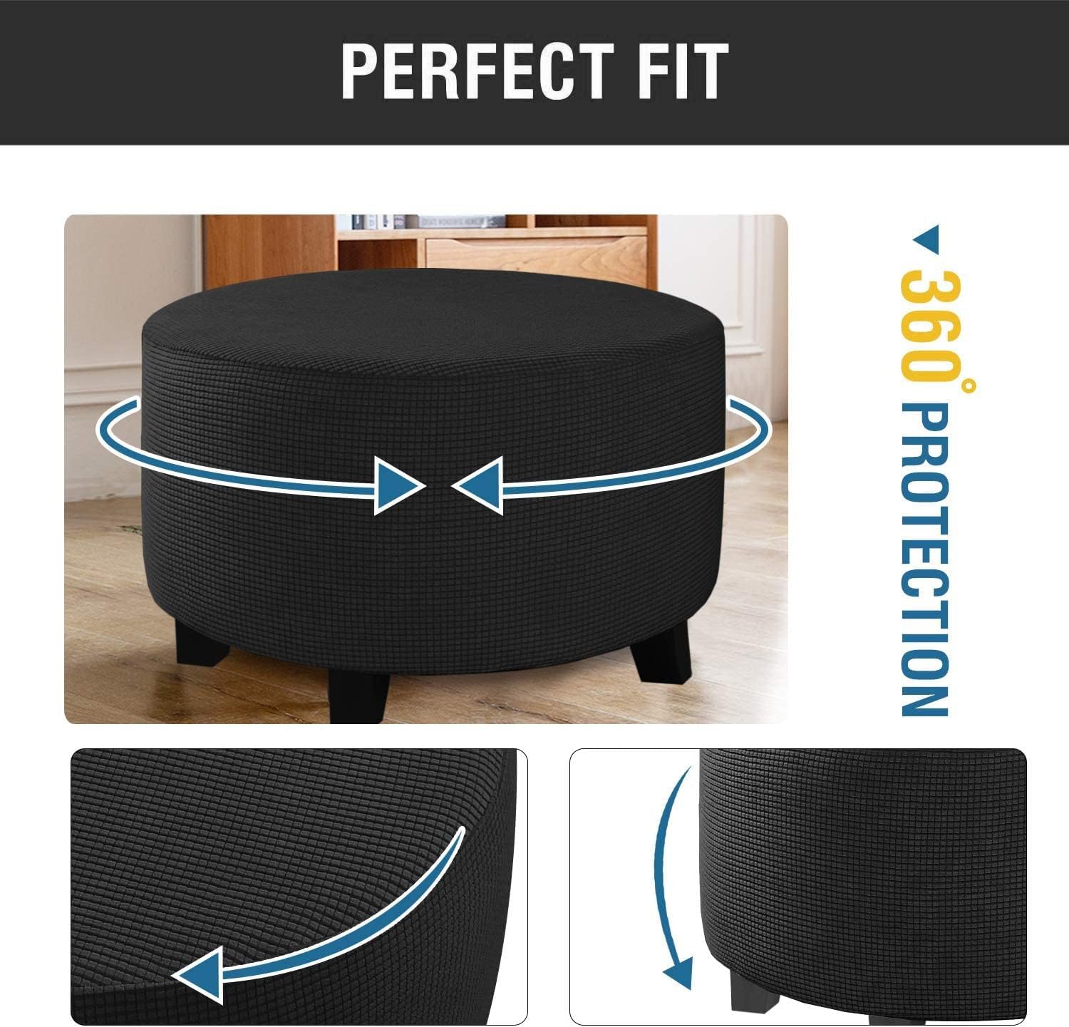 Round Ottoman Slipcover Cover Velvet Footstool Protector Covers Stool Ottoman Covers Stretch with Elastic Bottom, Feature Textured Checked Fabric Machine Washable(#9,Diameter:45cm)