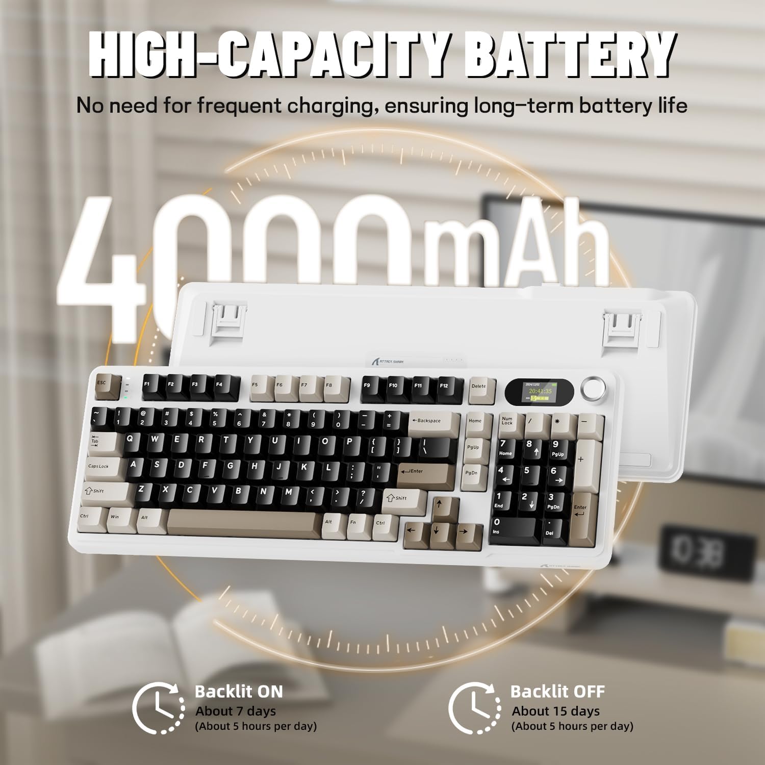 ATTACK SHARK X98PRO keyboard with a graphic indicating a 4000mAh high-capacity battery and estimated battery life with backlight on and off.