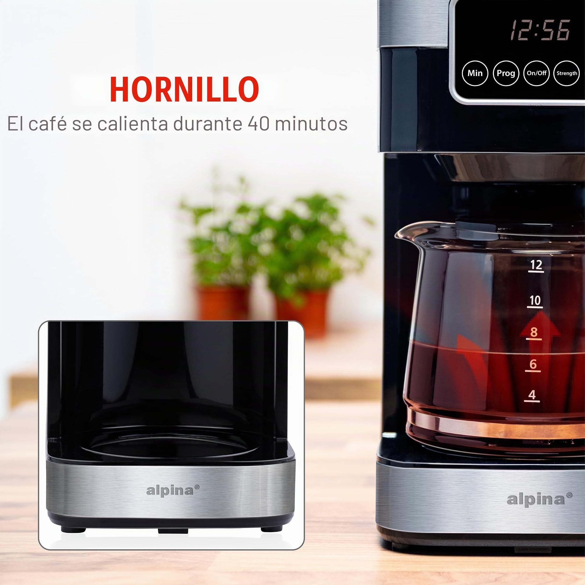 alpina Cafetera de Filtro - Máquina de Café 1.5L/ 12 Tazas de Café de Filtro - Cafetera con Pantalla Digital, Temporizador y Placa Calefactora - Intensidad del Café Ajustable - Negro