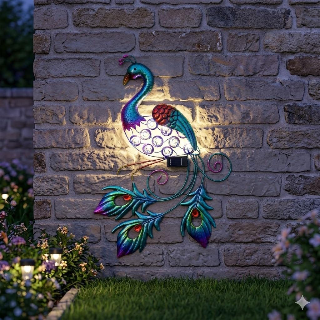 Bloomingtons Direct Green Solar Metal Wall Peacock Led Light Wall Art Garden 10 Weatherproof Leds Peacock Wall Mounted Outdoor Decoration Garden Sculpture With Solar Light Decoration For Garden, Yard, Front Door
