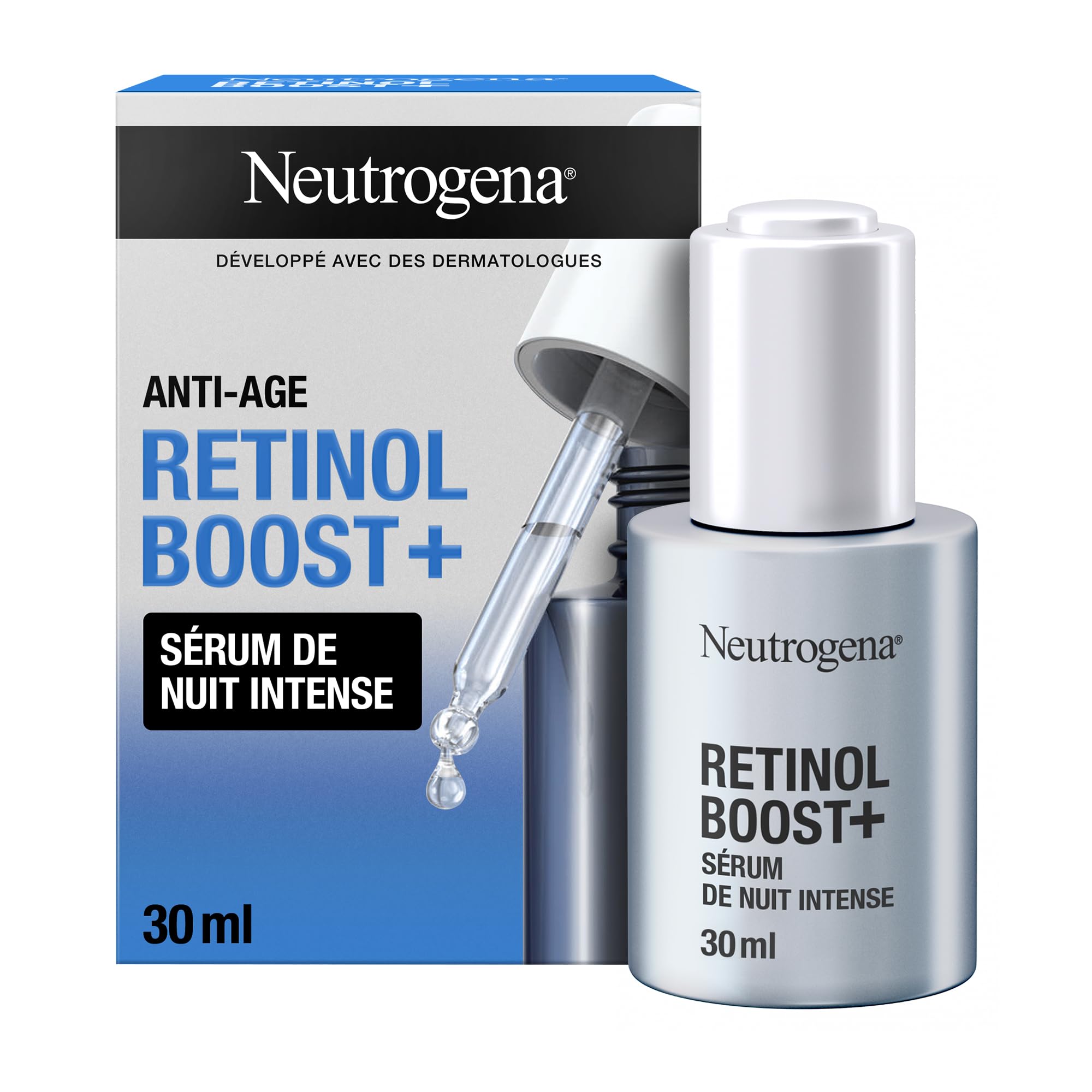 Neutrogena – Sérum de Nuit Intense Anti-Âge Retinol Boost+ (flacon de 30 ml avec pipette) – Sérum anti-âge nourrissant au rétinol – Soin du visage pour réduire l'apparence des rides même profondes