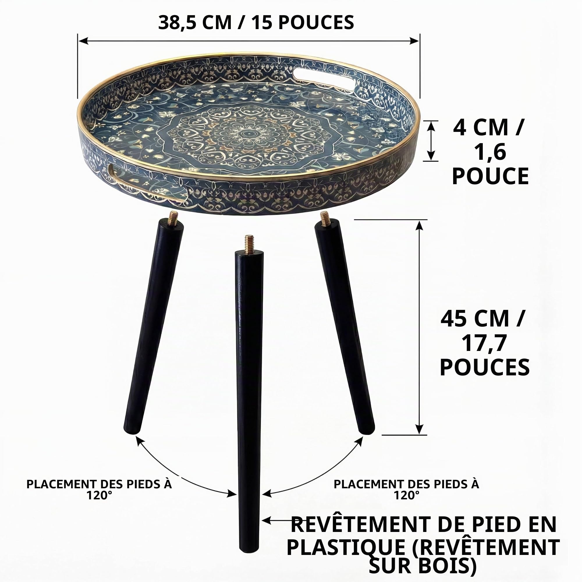 Tables d'appoint rondes d'extérieur avec 3 pieds en bois détachables, table plateau polyvalente, parfaite pour table basse ronde à café et à thé, et moment de détente 45 cm (Bleu Maze)