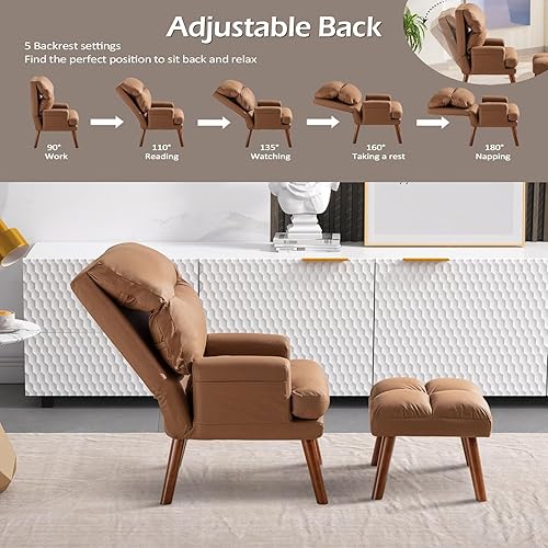 Miniatura 10 de CANMOV Silla decorativa moderna con otomana, sillón de tela suave con respaldo ajustable y bolsillos laterales, cómoda silla de descanso para sala