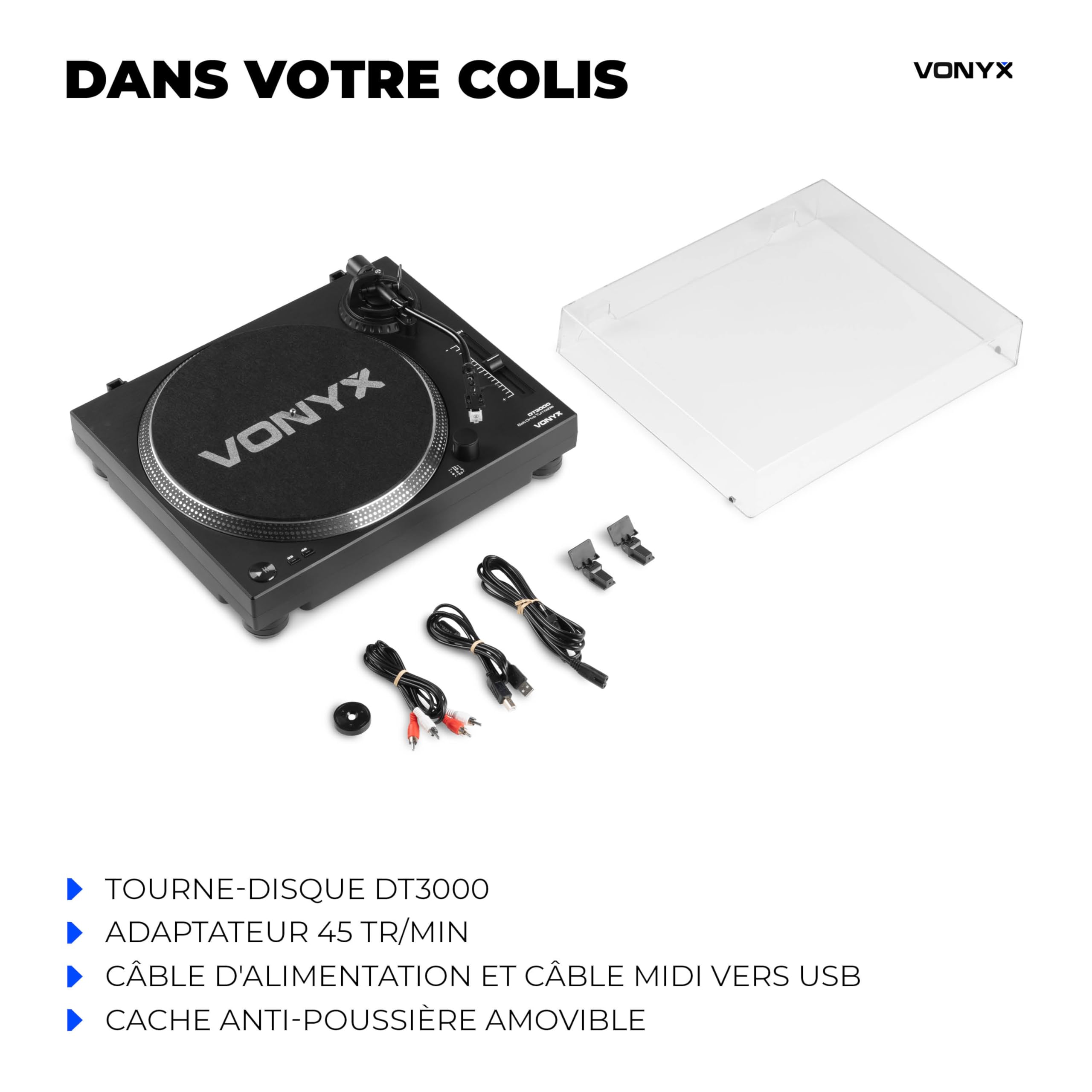Vonyx DT3000 Platine Vinyle DJ à Courroie avec Cellule Audio-Technica, Tourne Disque 33/45 Tours pour DJ Débutant et Écoute