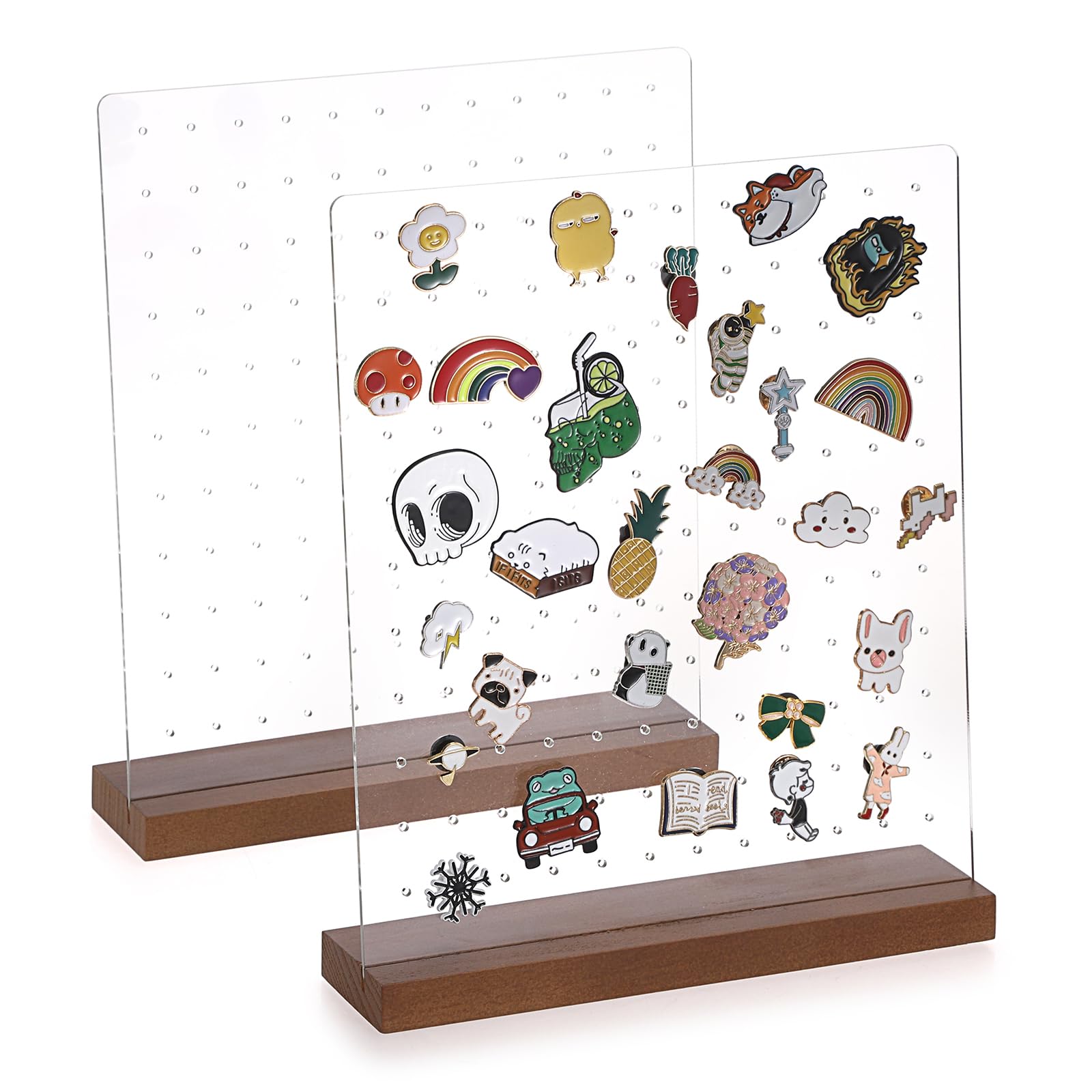 JUXYES Pack of 2 Clear Acrylic Enamel Pin Display Stand with Walnut Base, Tabletop Pin Organizer Display Storage Stand, Enamel Pin Display Holder for Award Badges Pins Collectible, hold Up To 132 Pins
