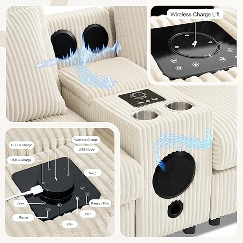 Miniatura 5 de Sofá modular de pana de 114 pulgadas con altavoces, sofás en forma de L, cómodo sofá profundo con consola, cargador USB, portavasos, almacenamiento,