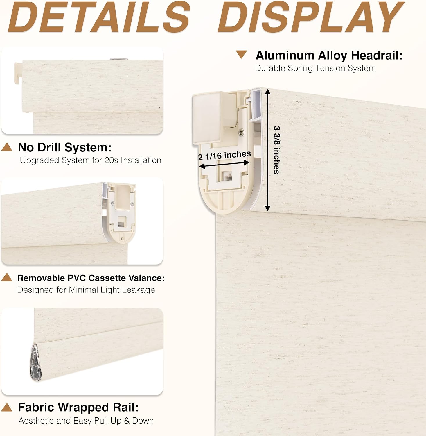 HESTIA No Drill Blackout Cordless Roller Shades for Windows, Thermal Insulated Jacquard Fabric Blinds with Valance, Easy Inside Mount for Bedroom and Home Office,Linen, 33" W x 72" H
