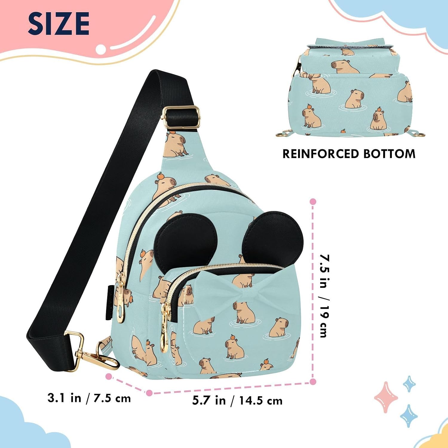 Sinestour Capybara Kids Sling Bag for Girls, 5.7x7.5x3.1Inches | Crossbody Fanny Pack, Toddler Purse, Cute Sling Belt Bag with Ears, 2L Small Shoulder Chest Bag for Travel