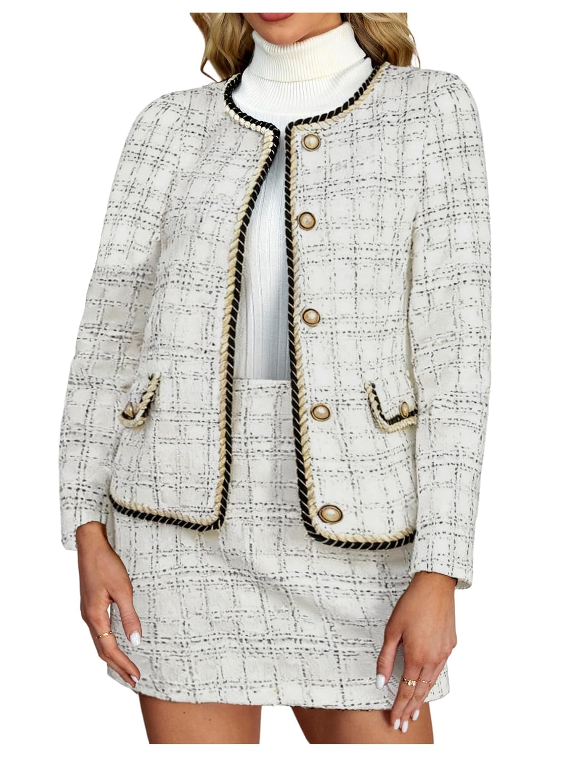 Womens 2 Piece Outfits Plaid Button Front Long Sleeve Tweed Jacket and Mini Skirt Elegant Set