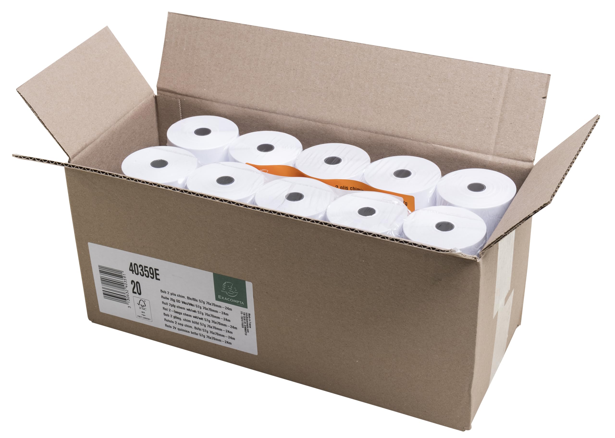 Exacompta - Réf. 40359E - Carton de 20 bobines pour tickets de caisse 76x70 mm - 24m- 2 plis chimique (blanc/blanc) autocopiant 57g/m2 - Blanc
