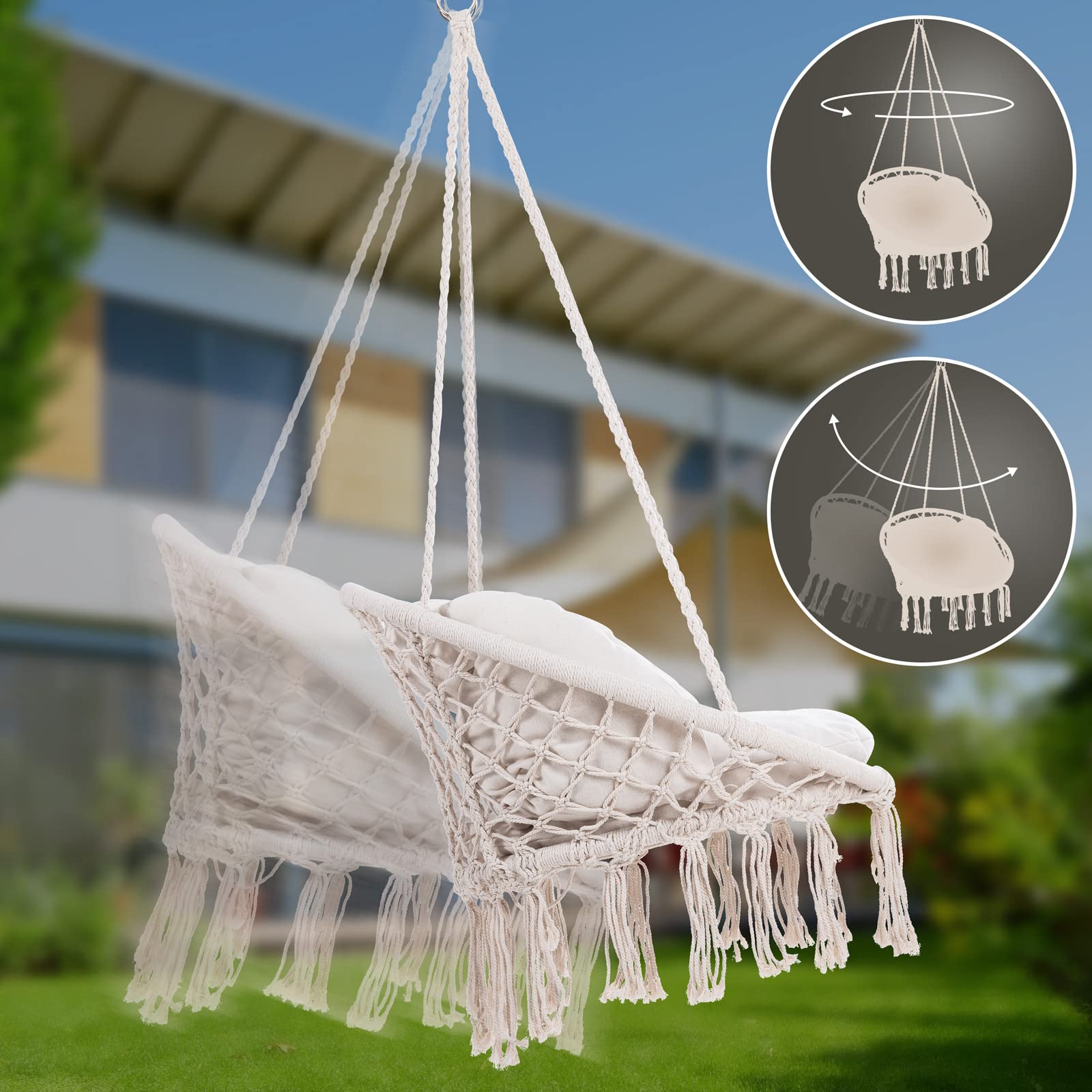 DETEX® Sedia Sospesa 2 Cuscini a Dondolo Max 150 kg Ø 60 Certificato GS cm Resistente per Interni Esterni Design Boho Poltrona da Appendere