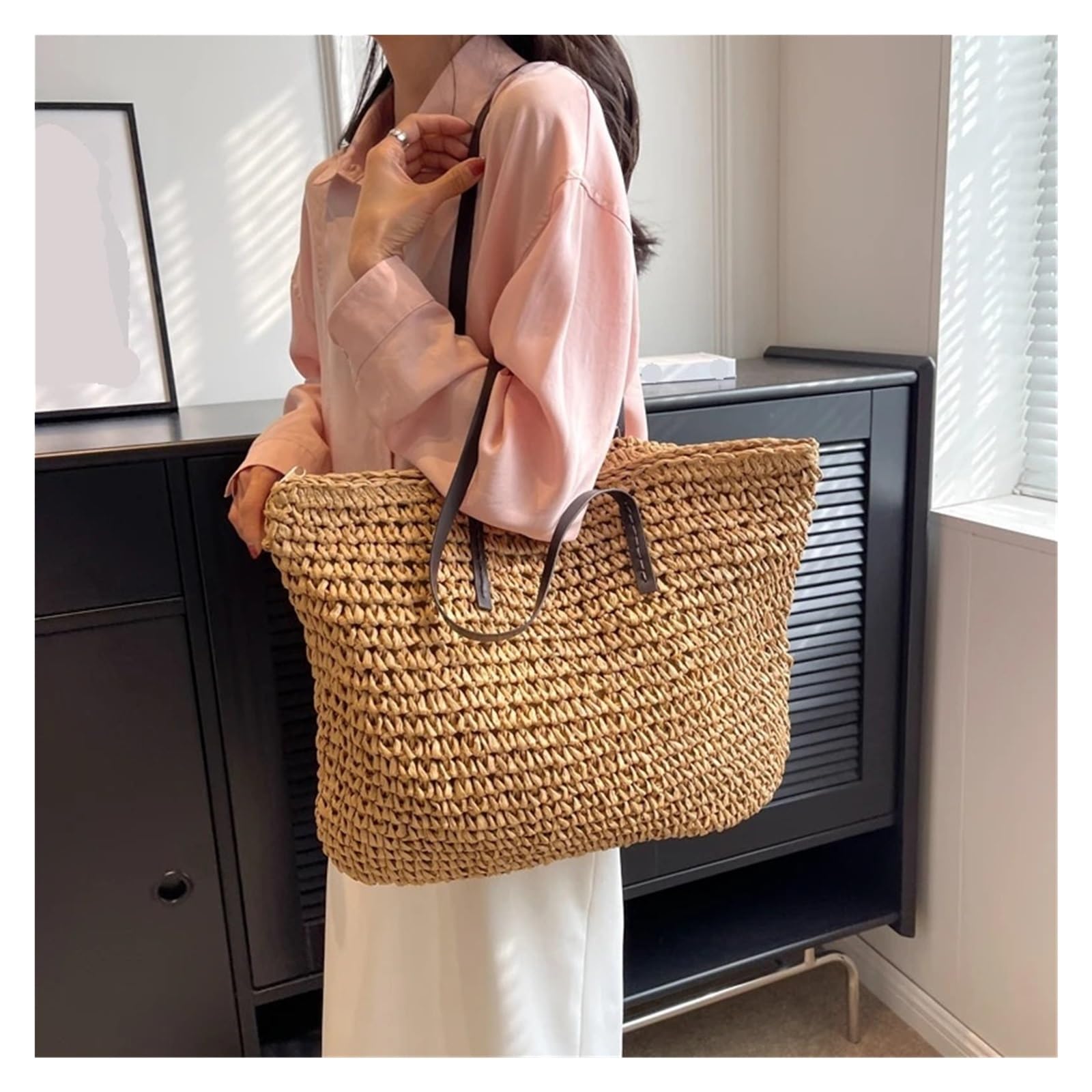 Bolsas tejidas de paja para mujer, gran capacidad, bolsa de playa, color puro, bolsa de compras grande de verano