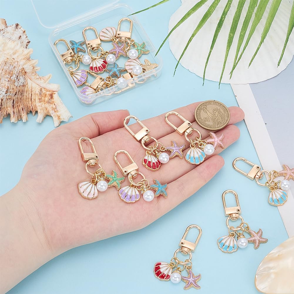 PH PandaHall 12pcs Ocean Beach Keychain, 4 Styles Shell Starfish Keychains Alloy Enamel Boho Marine Pendant Keychain Bag Purse Charms with Swivel Clasps for Car keys Wallet DIY Craft Summer Decor image 3