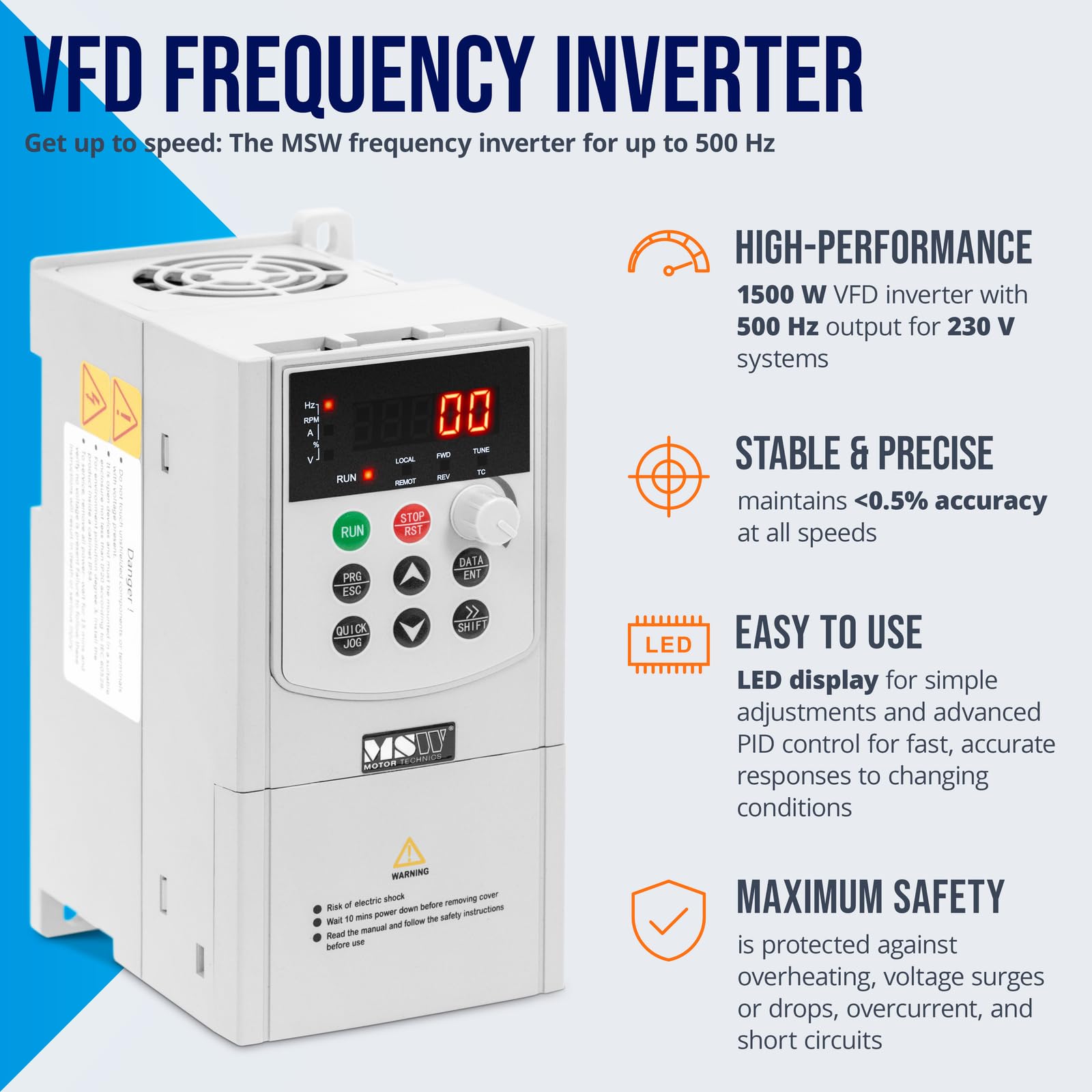 MSW VFD-Frequenzumrichter 1500 W 230 V LED-Display RS485-Schnittstelle max. 5% Abweichung Stromrichter Frequenzumformer Frequenzumwandler