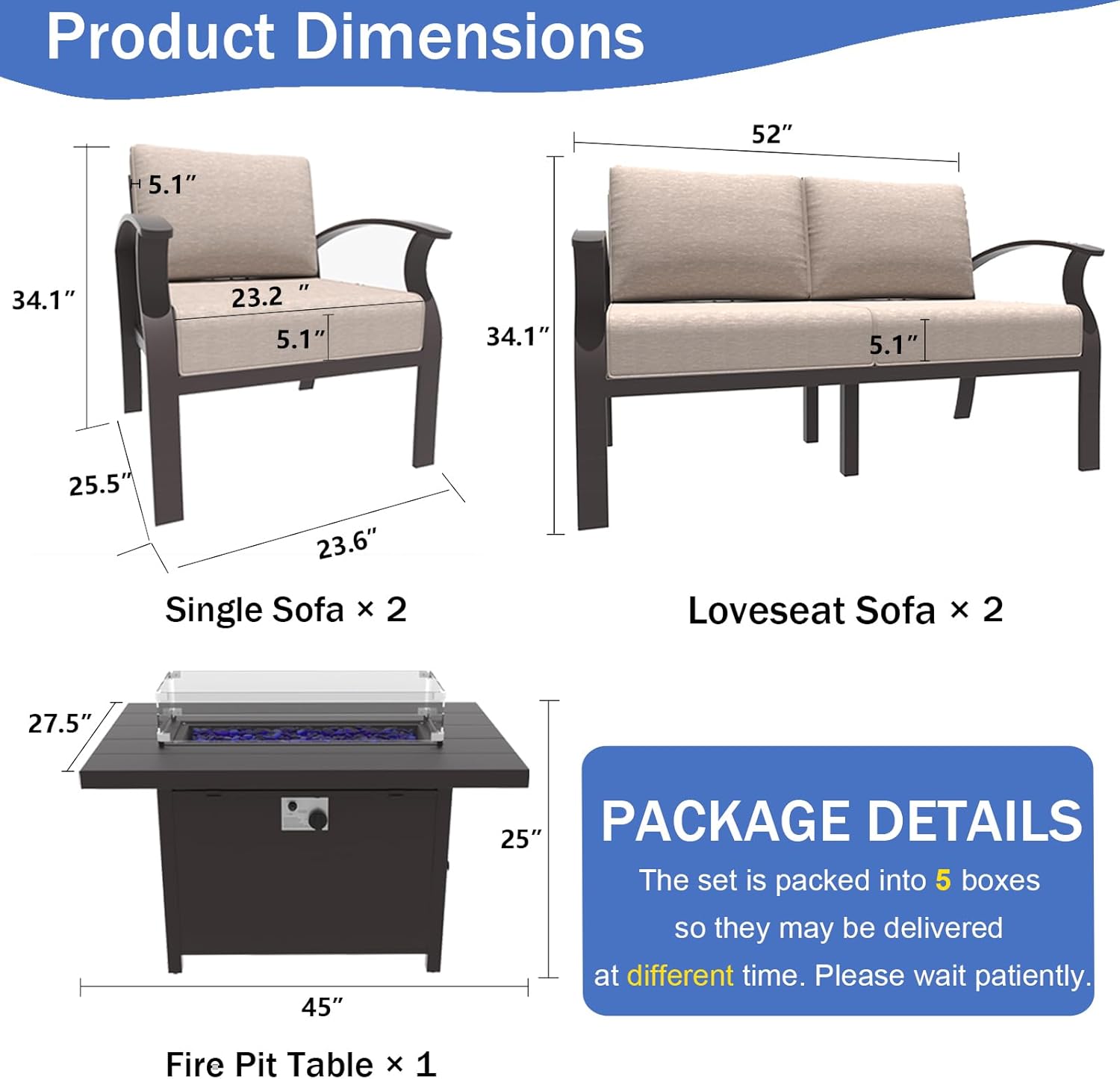 6-Piece Sand Aluminum Patio Set with Fire Pit Table